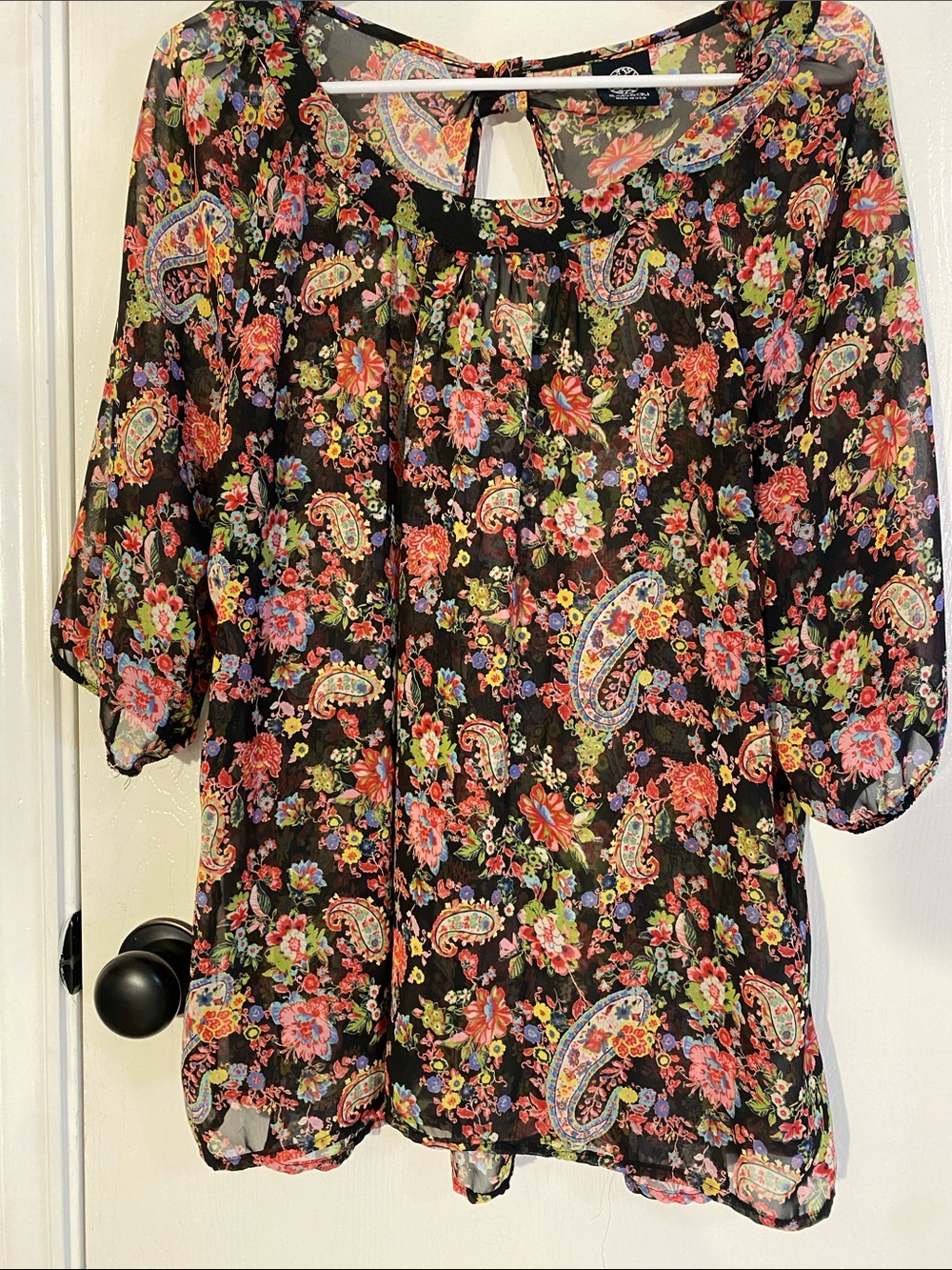 bobeau Black Sheer Paisley & Floral Blouse